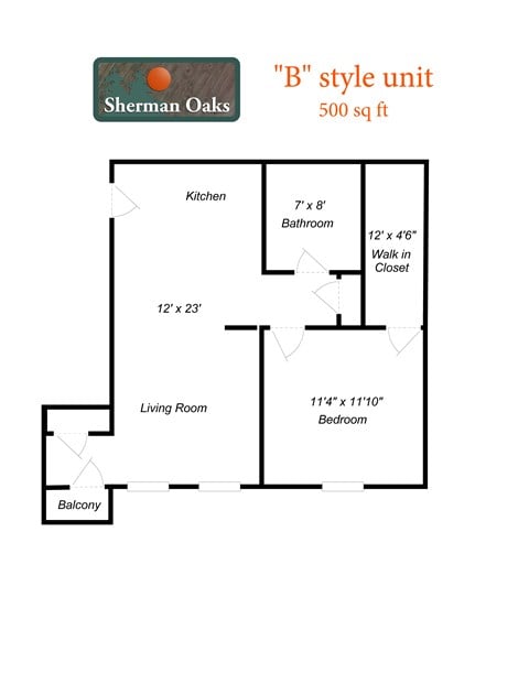 Floor plan for 1 bed, 1 bath, 500 sqft
